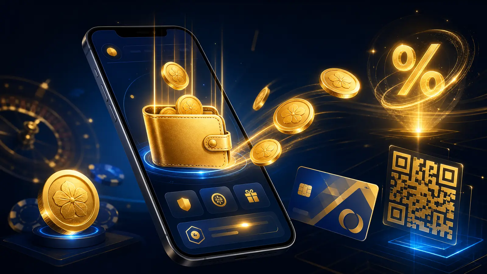 Dompet digital emas di ponsel dengan koin dan simbol persen