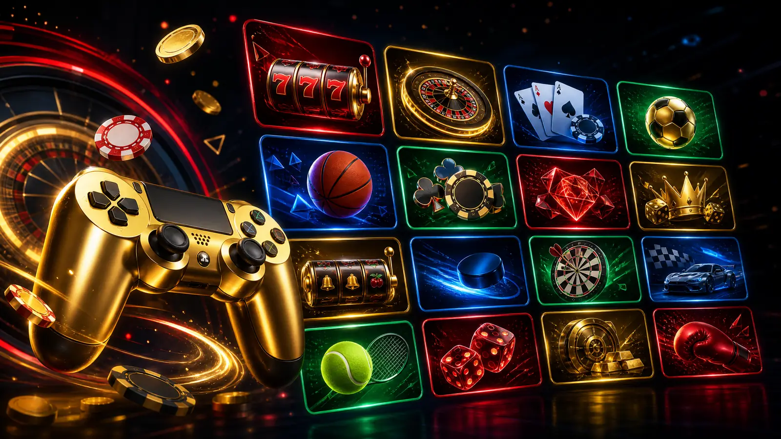 Lobi permainan daring dengan ubin slot, roulette, kartu, dan olahraga