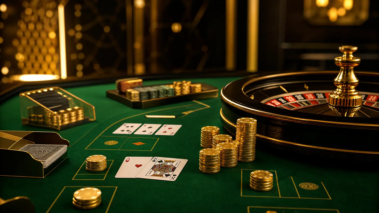 Meja kasino hijau dengan roda roulette emas dan tumpukan chip