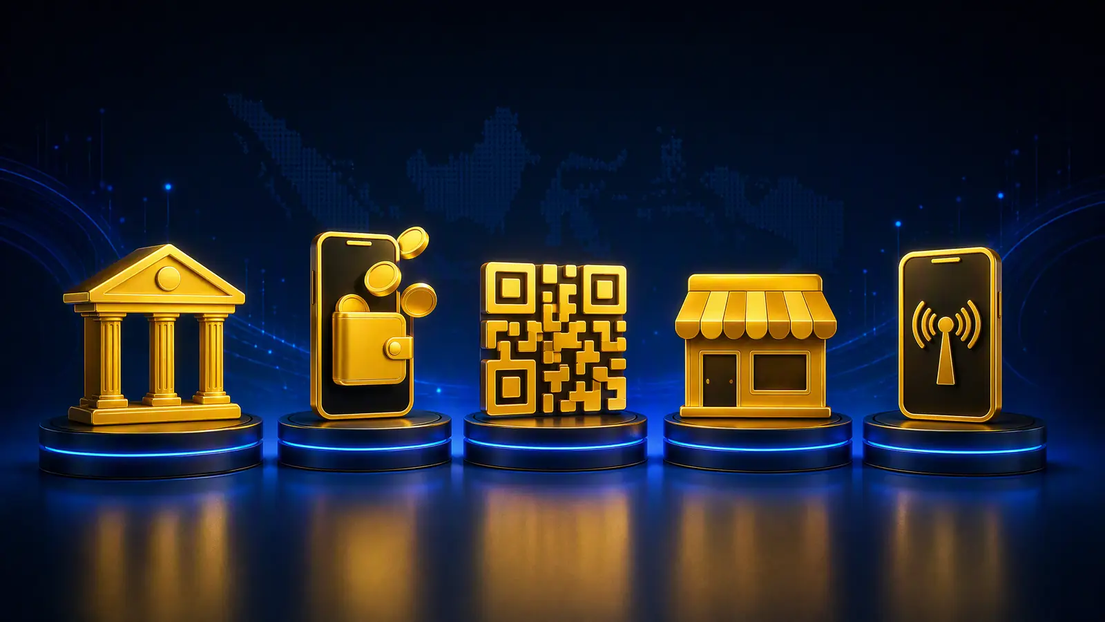 Ikon emas bank, dompet digital, QRIS, toko ritel, dan sinyal pulsa