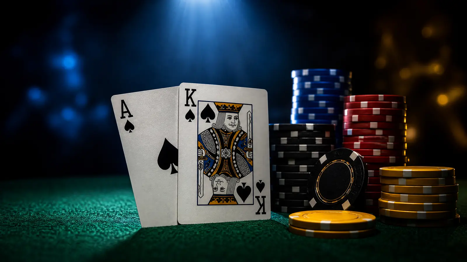 Kartu as dan king sekop di meja poker dengan tumpukan chip