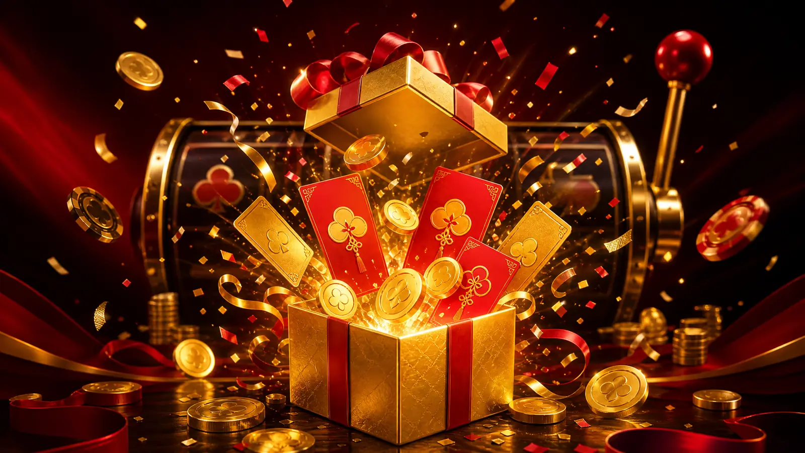 Kotak hadiah emas terbuka dengan koin dan amplop merah
