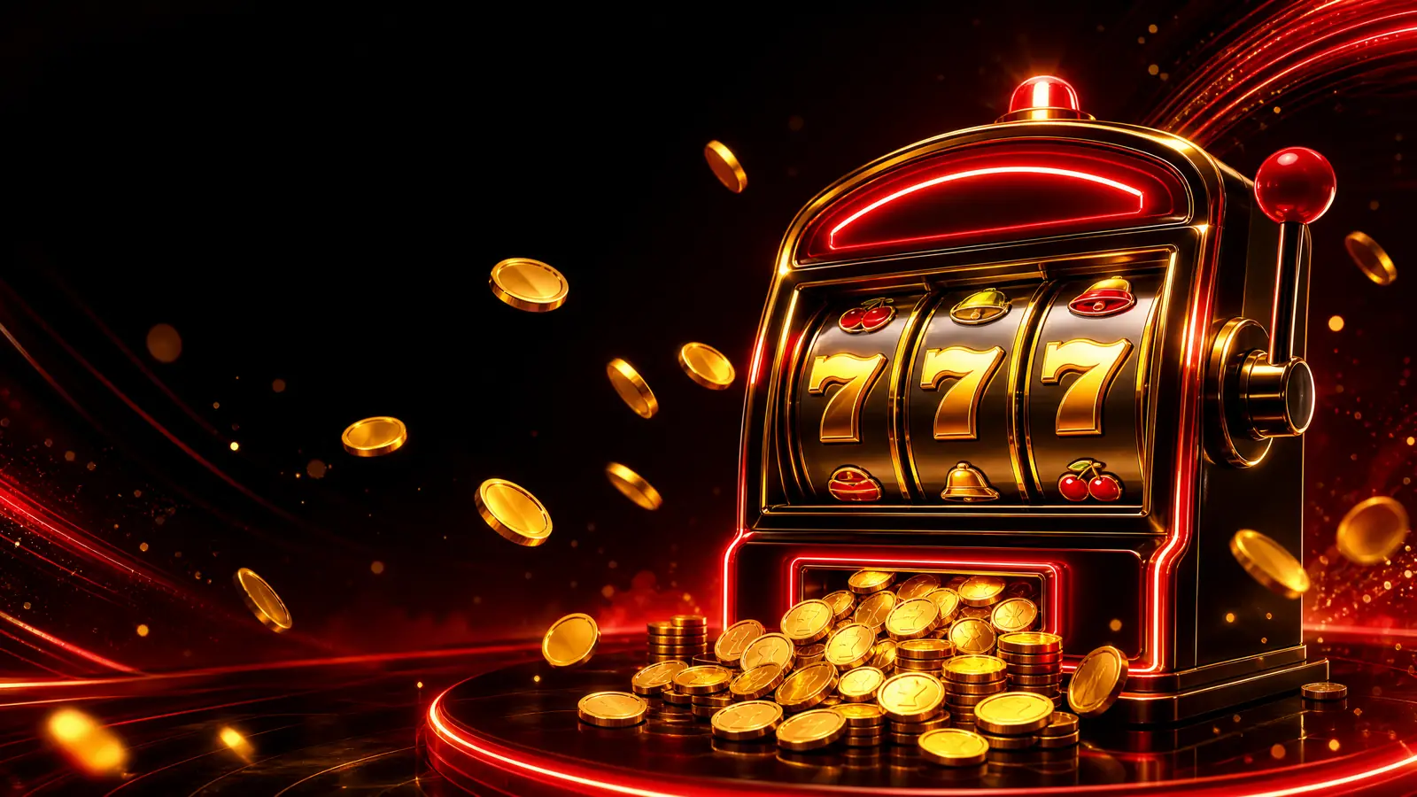 Mesin slot emas dengan simbol tujuh dan koin berhamburan